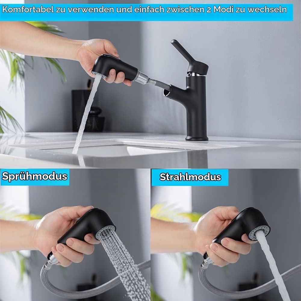 ONECE Wasserhahn Bad Schwarz mit ausziehbar Brause, Waschtischarmatur aus Messing Badarmatur Einhebe