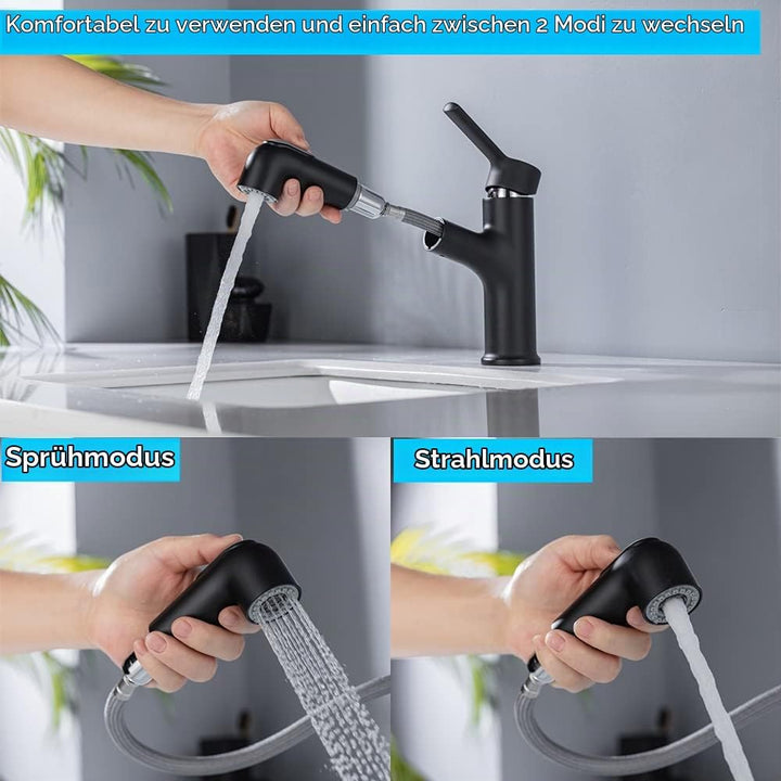 ONECE Wasserhahn Bad Schwarz mit ausziehbar Brause, Waschtischarmatur aus Messing Badarmatur Einhebe