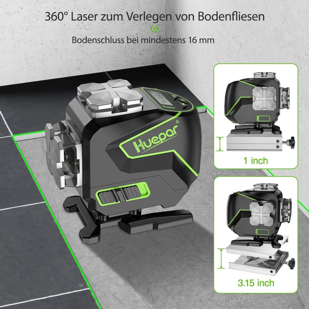 Huepar 3x360°selbstnivellierendes Laserniveau mit LCD-Bildschirm, 3D Bluetooth-Verbindung Grüner Str