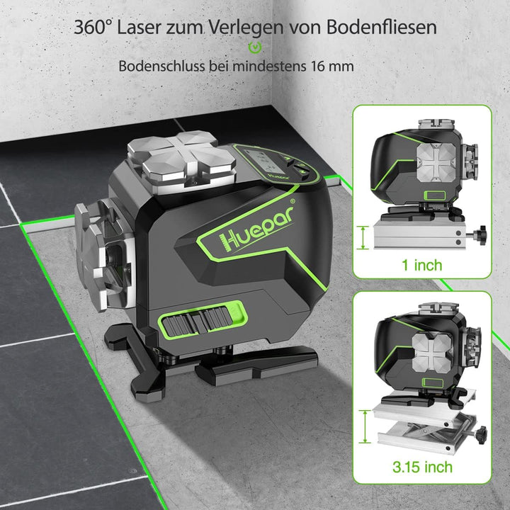 Huepar 3x360°selbstnivellierendes Laserniveau mit LCD-Bildschirm, 3D Bluetooth-Verbindung Grüner Str