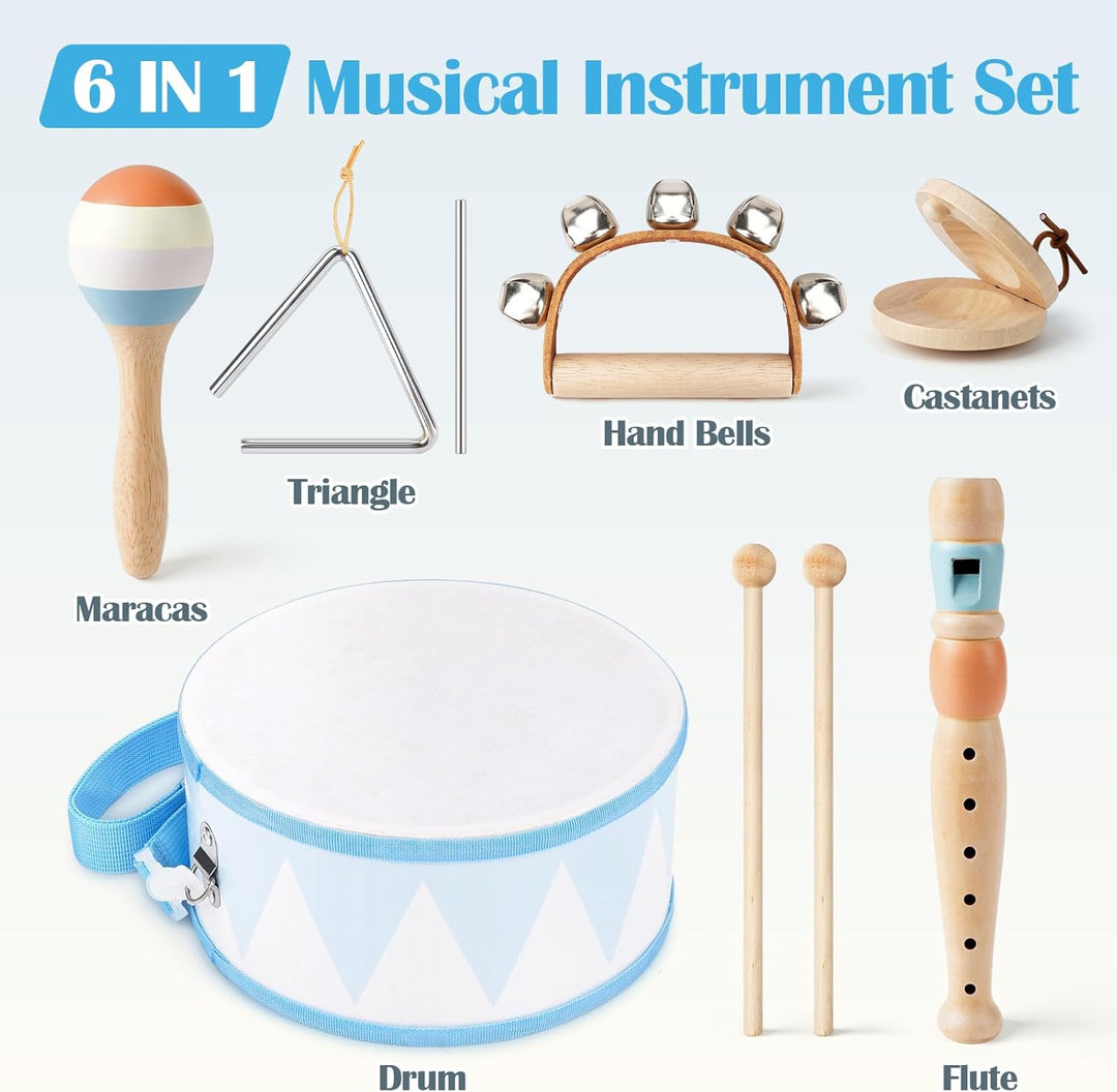 Musikinstrumente Kinder Trommel 6 in 1 Holzspielzeug Trompete Kindertrommel Montessori Spielzeug Bab