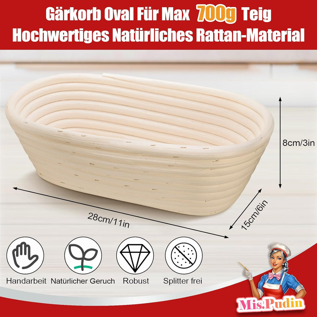 Gärkörbchen Oval 28 cm für 700g Teig, Gärkorb Rattan Set Sauerteig mit Leinentuch & Gärfolie Backen,
