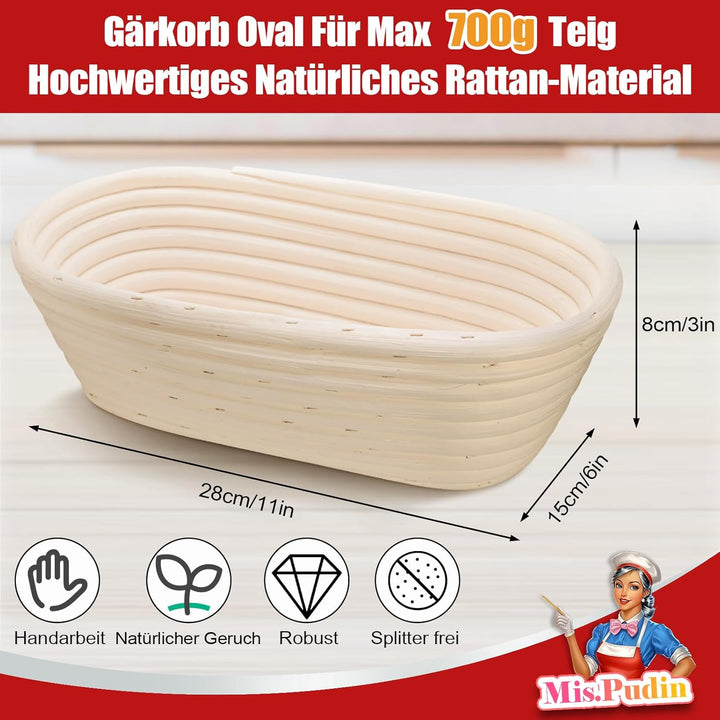 Gärkörbchen Oval 28 cm für 700g Teig, Gärkorb Rattan Set Sauerteig mit Leinentuch & Gärfolie Backen,