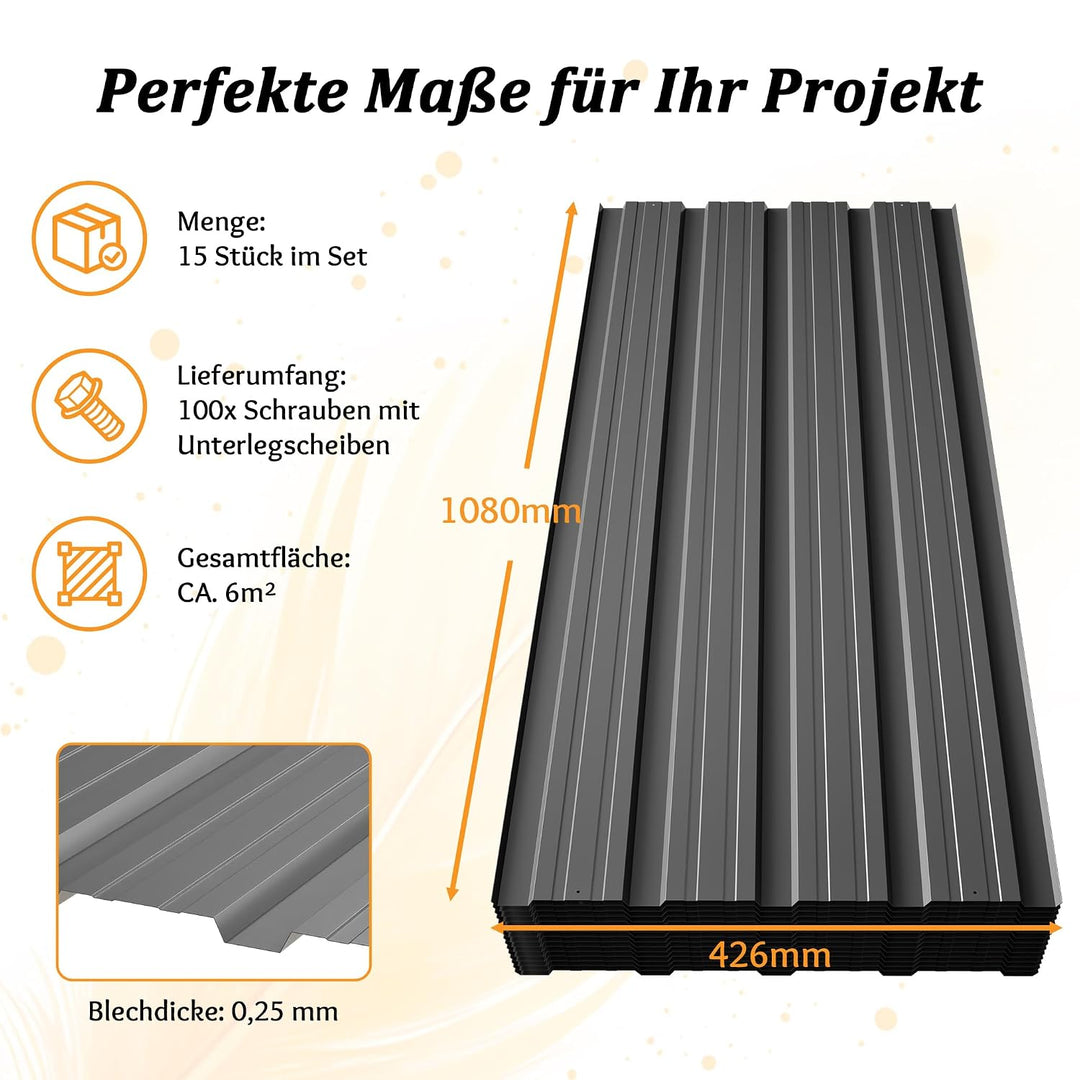 Thanaddo 15er Set Trapezblech Profilblech Dachblech, 0,25mm Verzinkter Stahl mit vorgebohrten Löcher