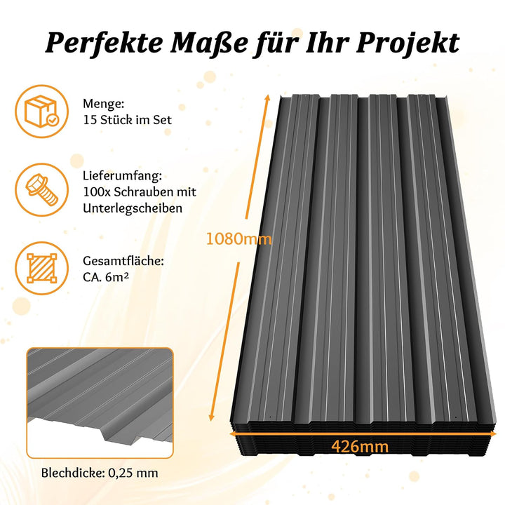 Thanaddo 15er Set Trapezblech Profilblech Dachblech, 0,25mm Verzinkter Stahl mit vorgebohrten Löcher