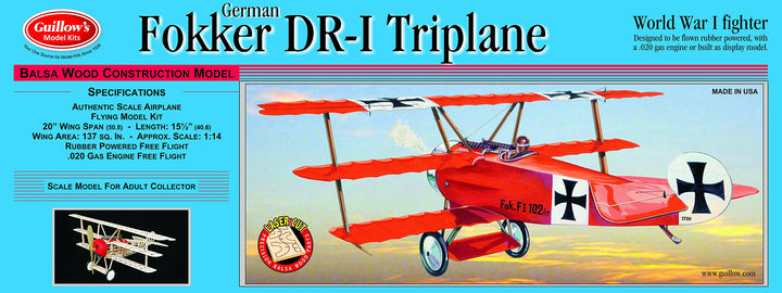 GUILLOW's Fokker Triplane 204 Powered Balsa Flying Model Kit