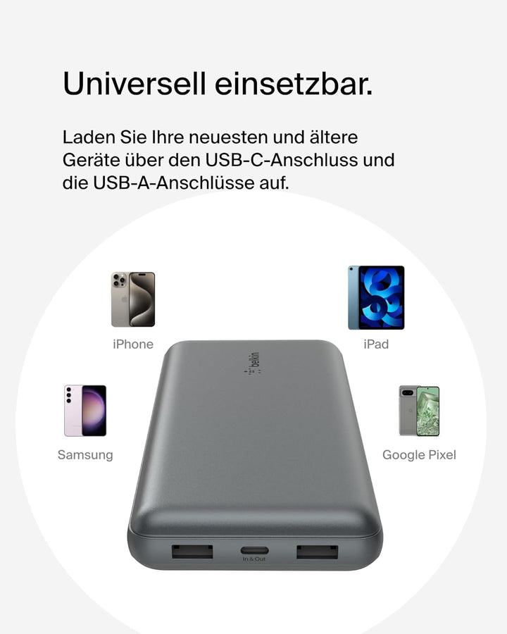 Belkin tragbares USB-C-Ladegerät, 20.000mAh, 20K Powerbank mit USB-C-EIN-/Ausgang und 2 USB-A-Anschl