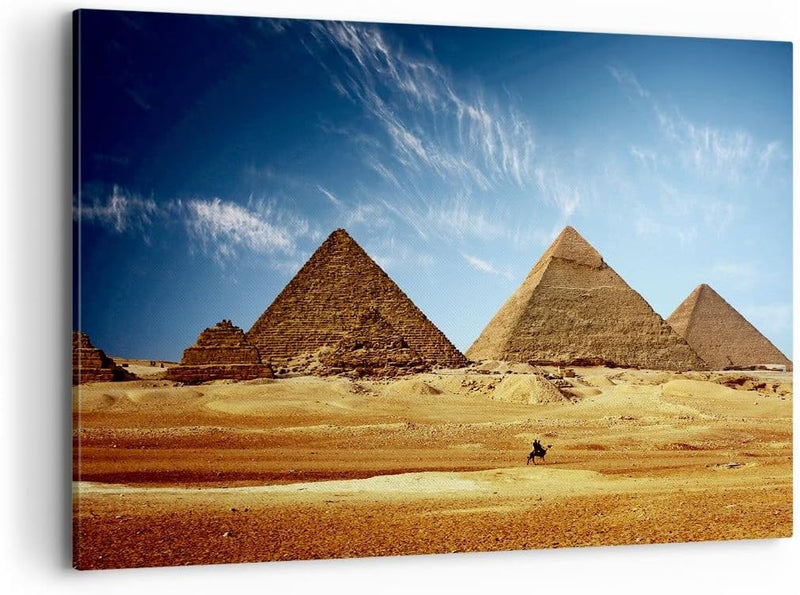 Bilder auf Leinwand 100x70cm Leinwandbild mit Rahmen Pyramide Wüste Sand Gross Wanddeko Bild Schlafz