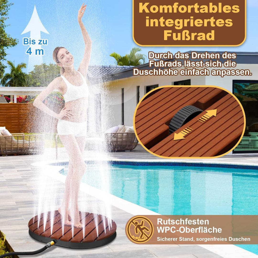 Gartendusche Bodendusche WPC Duschplatte 4m Höhenverstellung Aussendusche für Boden Kalt/Warmwasser-