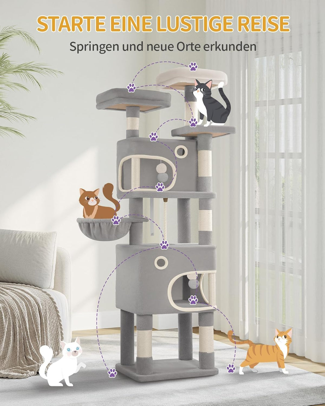 Hzuaneri Kratzbaum, 180 cm Katzenbaum mit 8 Kratzsäulen, 3 Plattformen, 2 Höhlen, Korb, Plüschbälle,