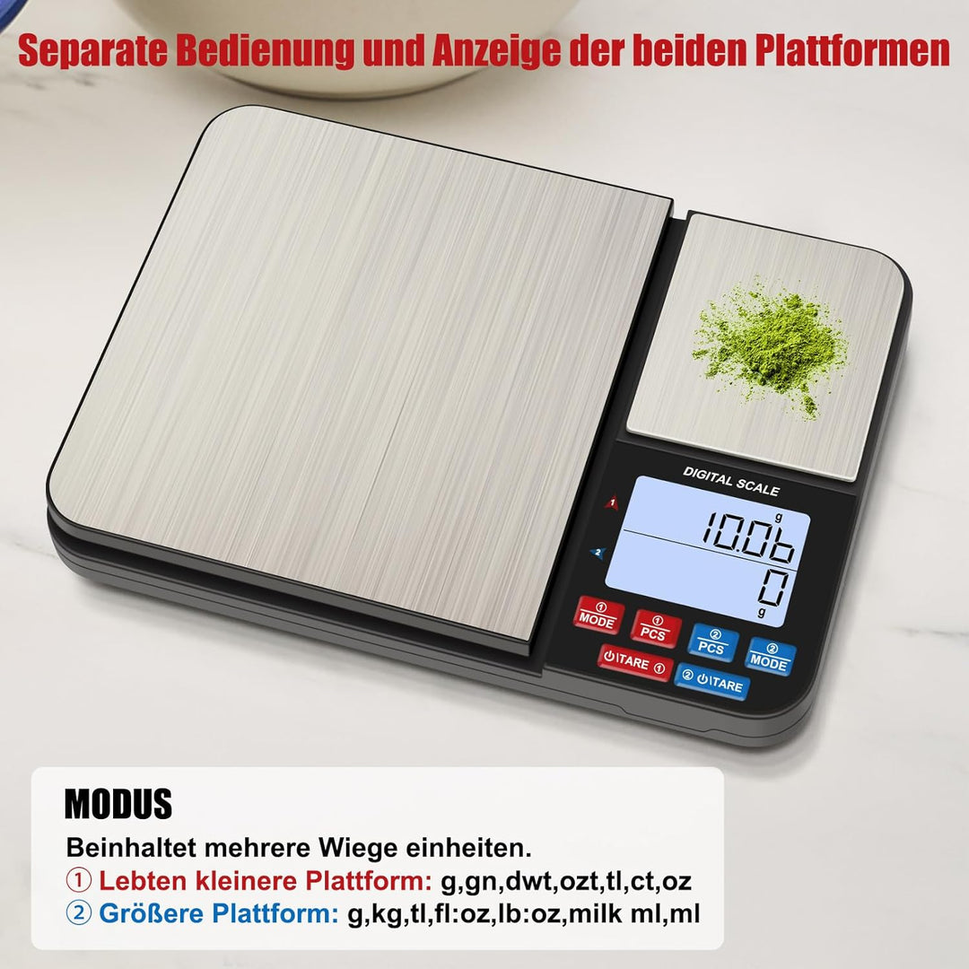 Diyife Küchenwaage mit 2 Plattformen 10kg/1g & 500g/0.01g, Doppelfunktion Digitale Küchen Feinwaage
