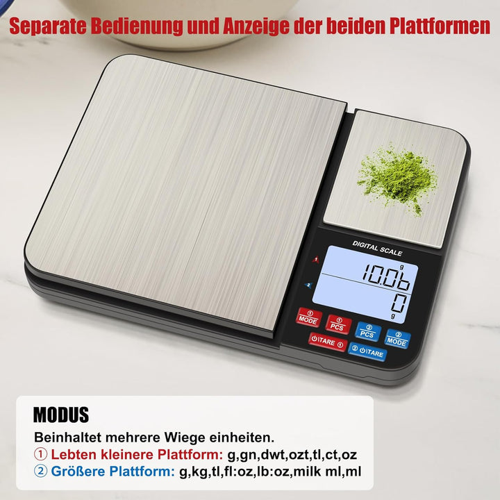 Diyife Küchenwaage mit 2 Plattformen 10kg/1g & 500g/0.01g, Doppelfunktion Digitale Küchen Feinwaage