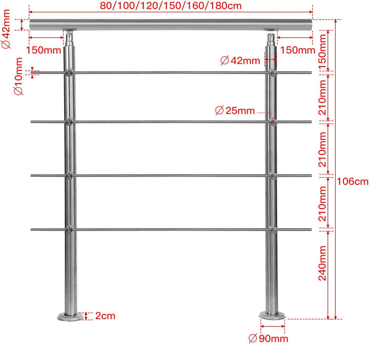 Daromigo 180cm Edelstahl Handlauf Geländer mit 4 Querstreben, Handlauf Winkelverstellbar, Ø 42mm Tre