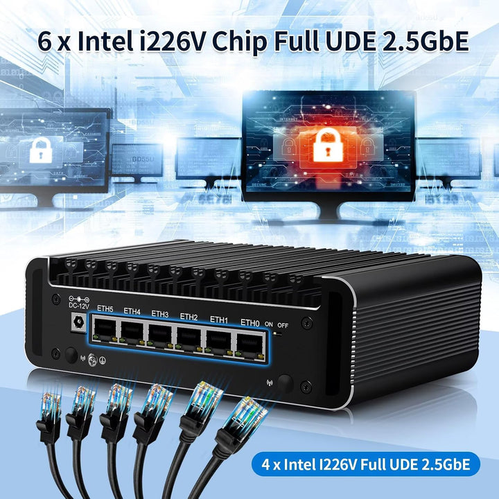 Glovary Firewall Mini PC Quad Core N100, DDR5 8GB RAM 128GB NVMe SSD, 6 x 2.5GbE i226V LAN Fanless C