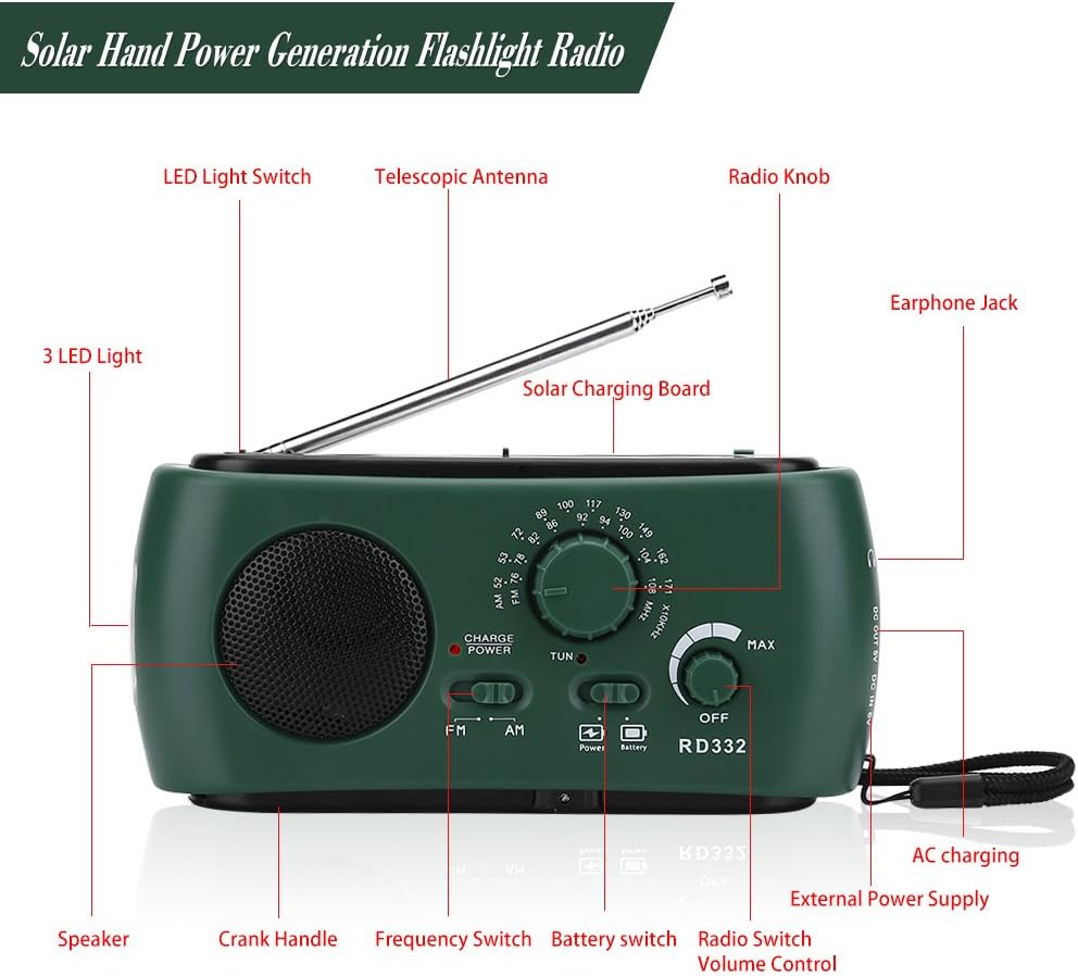 Kurbel Radio Taschenlampe,Tragbare Notradio Solar Power Wiederaufladbare Handkurbel FM/AM Radio 3 LE