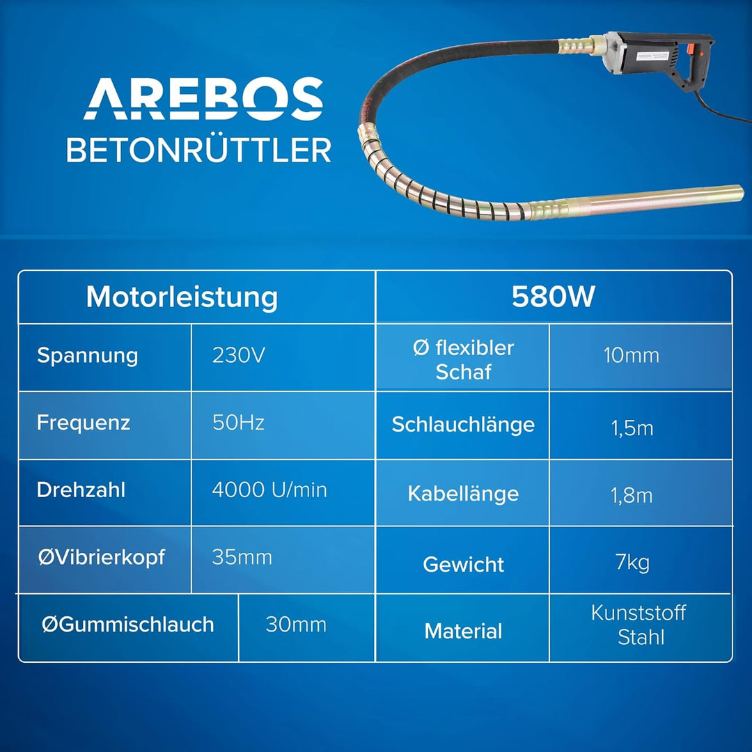 Arebos Betonrüttler | 580 W | Innenrüttler | Handrüttler | Rüttelflasche | Flaschenrüttler | 1,5 m K