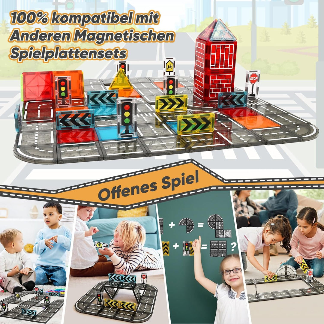 Magnetische Bausteine Strassenset, 52 Stück Magnet Fliesen Spiel Stadt Strassen, Magnetic Road Tiles