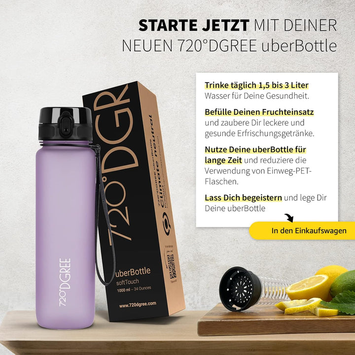 720°DGREE Trinkflasche “uberBottle“ 350ml, 500ml, 650ml, 1l, 1,5 Liter softTouch +Früchtebehälter -