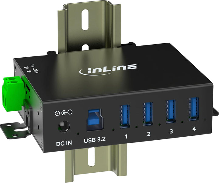 Inline USB 3.2 Gen.1 Industrie-Hub mit 4 Ports, Aluminiumgehäuse, DIN-Schienen-Montage, aktiver USB-