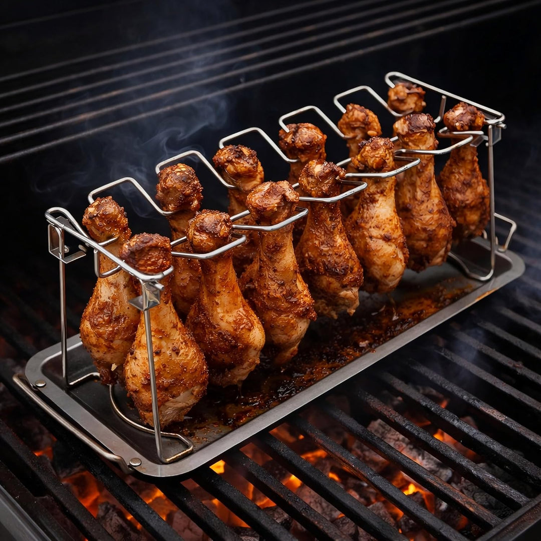 BBQ-Toro Edelstahl Hähnchenschenkel Halter mit Aroma Schale für 12 Hähnchenkeulen | Chicken Wings Ra