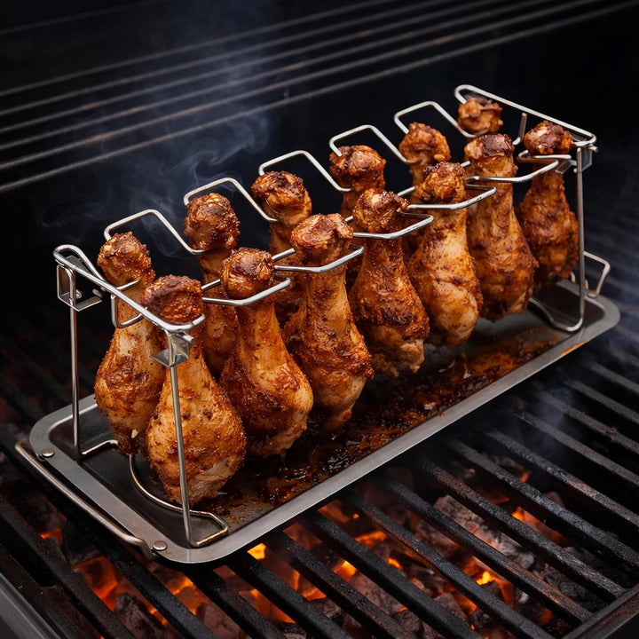 BBQ-Toro Edelstahl Hähnchenschenkel Halter mit Aroma Schale für 12 Hähnchenkeulen | Chicken Wings Ra