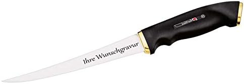 Marttiini Finnisches Filetiermesser, Klinge 15 cm, Kautschuk-Griff, Lederscheide Mit Gravur, Mit Gra