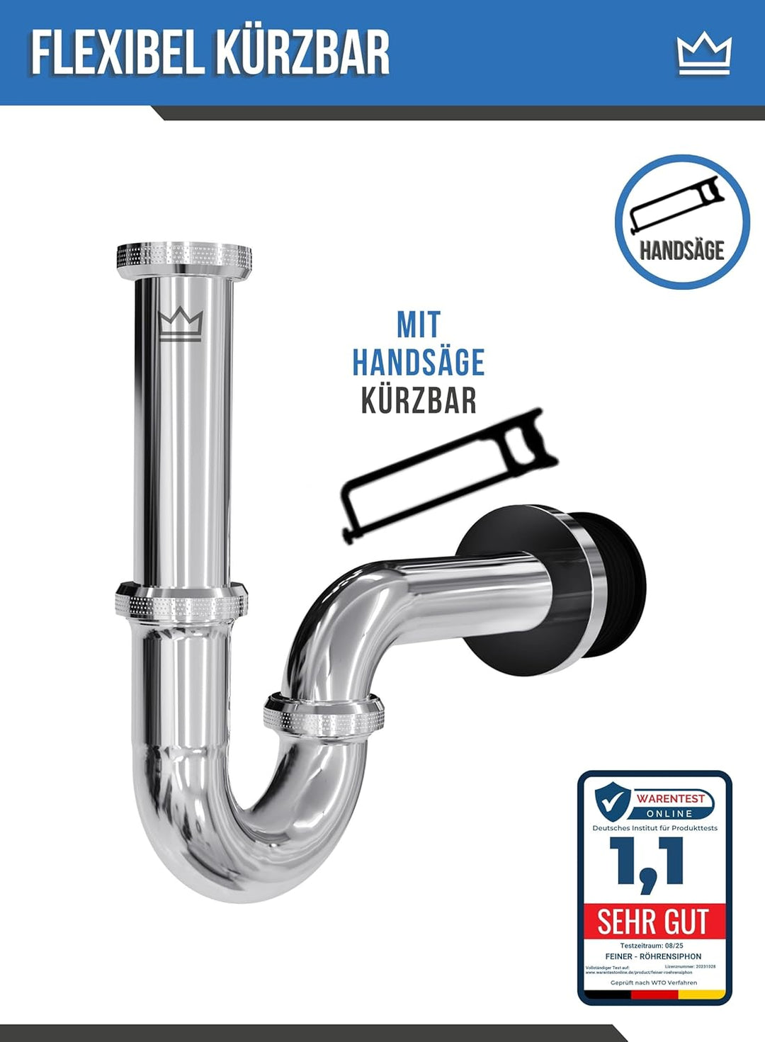 FEINER® Edelstahl Siphon-Wandrohr 90°Bogen, Extra Lang – 1 1/4 Zoll (⌀ 32 mm) x 300 mm, universell p