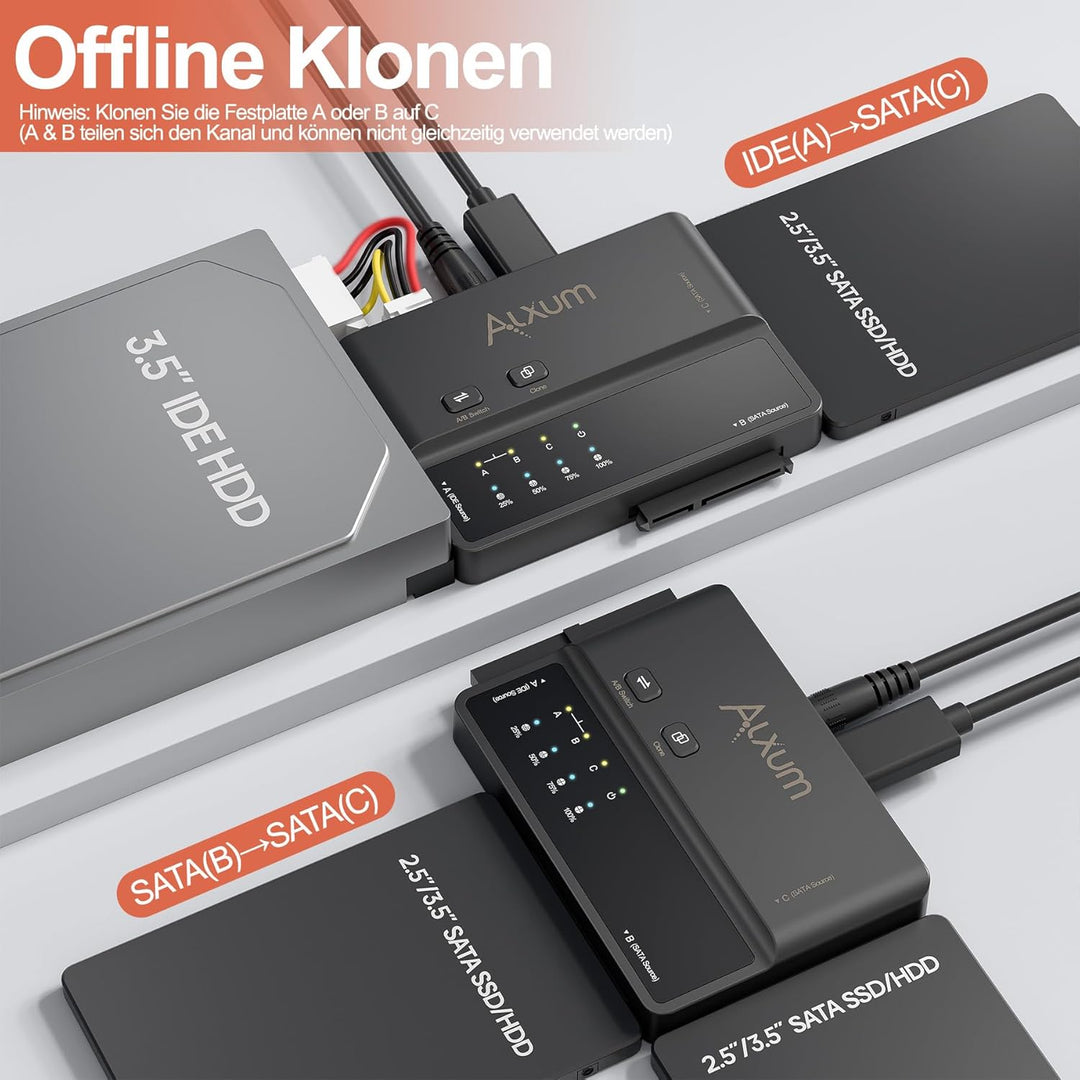 Alxum IDE und SATA Adapter, USB Type-C 5Gbps Festplatten Adapter mit Clone, Netzschalter für 2.5/3.5