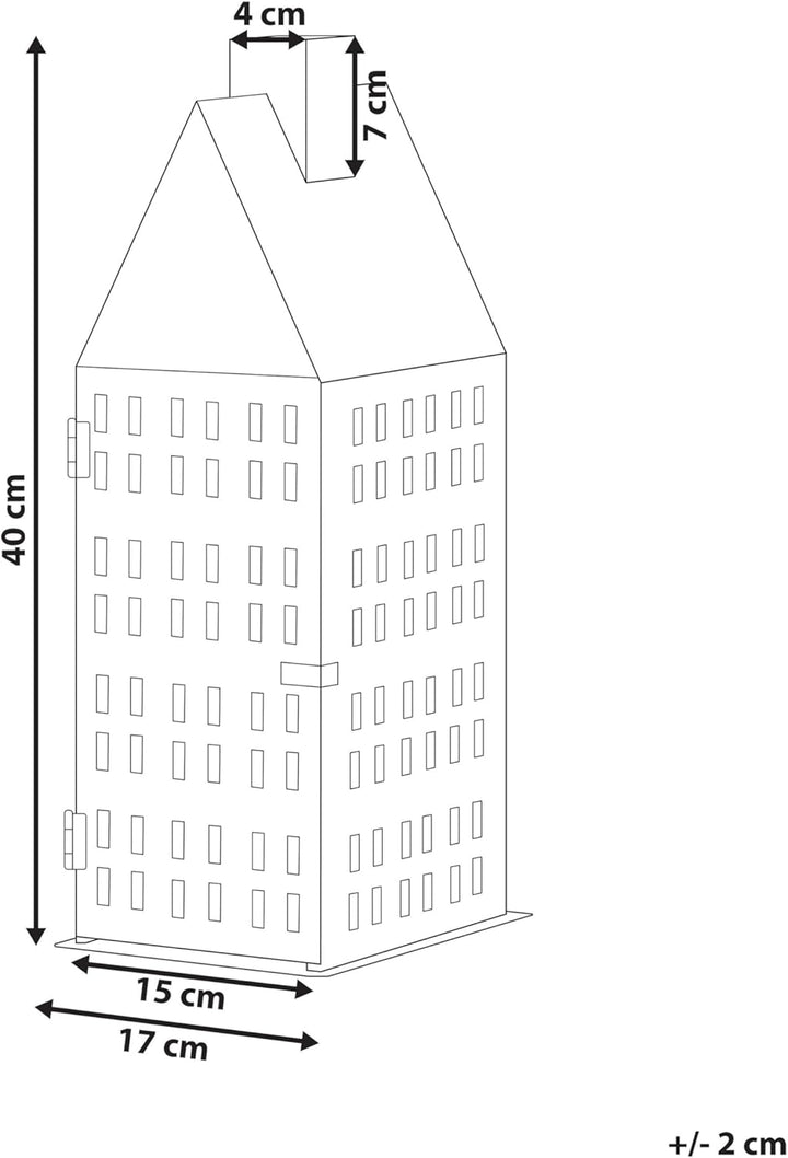 Laterne weiss Metall mit Glaseinsatz Hausmotiv fensterförmige Löcher 40 cm Dolok