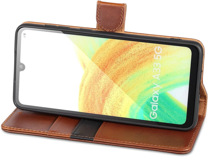 LENSUN Echtleder Hülle für Samsung Galaxy A33, Handyhülle [Echtes Leder] [Magnetverschluss] [RFID Sc