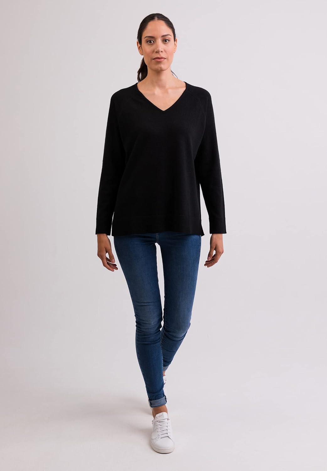 100% Kaschmir Damen Pullover mit geradem Schnitt und Seitenschlitz | Sweater V-Ausschnitt 2-fädig S