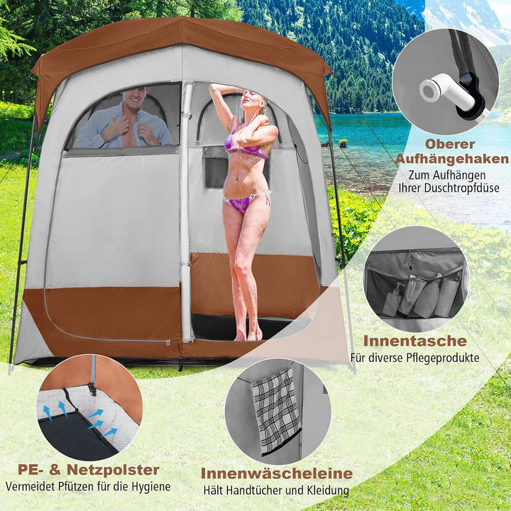COSTWAY Duschzelt mit 2 Räumen, Umkleidezelt mit abnehmbarem Regenschutz, Innentasche, Wäscheleine &amp;