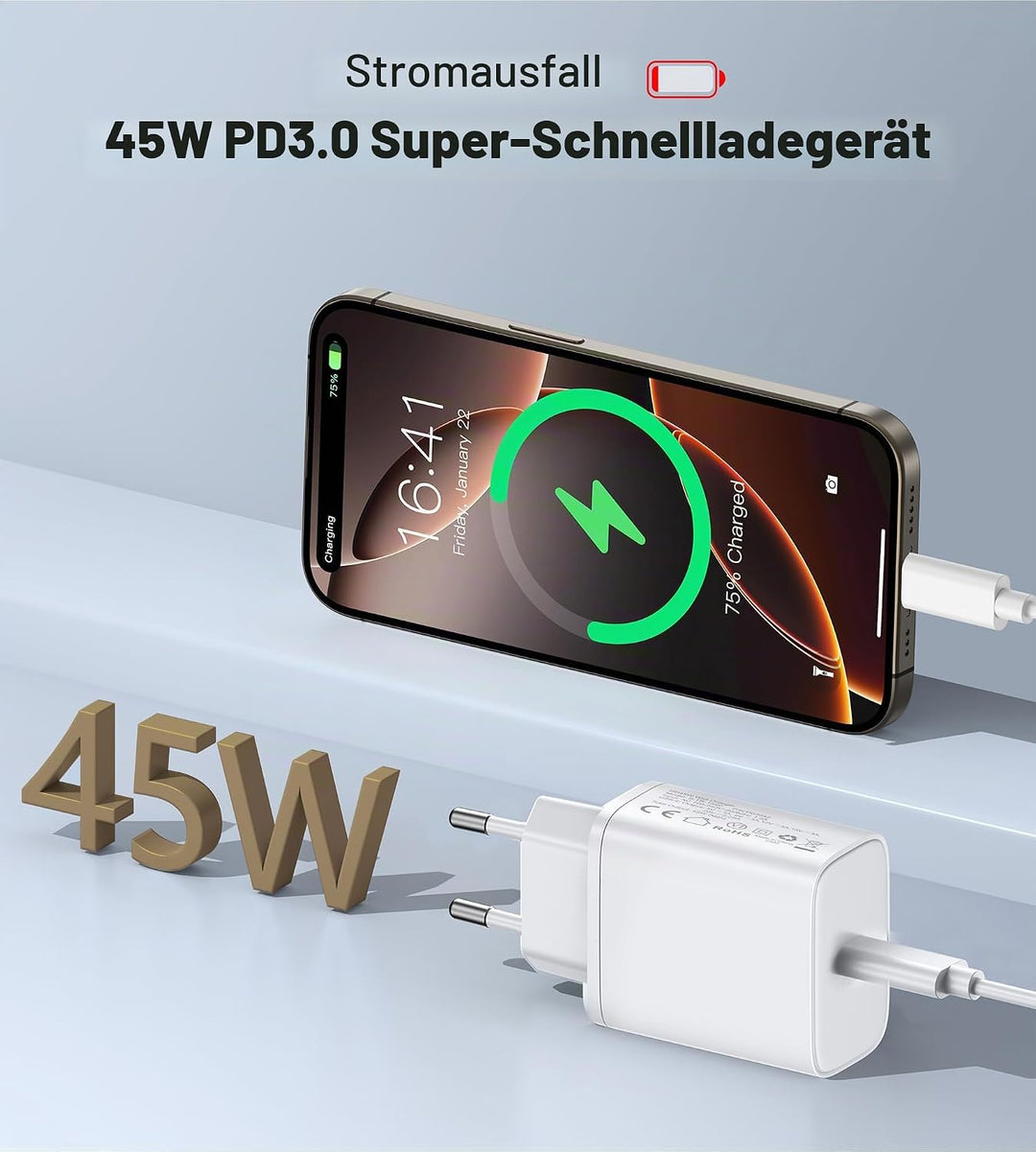 45W USB C Ladegerät Ladekabel for iPhone 17 16 15/17 16 15 Pro/17 16 15 Pro Max/17 Air/16 15 Plus/iP
