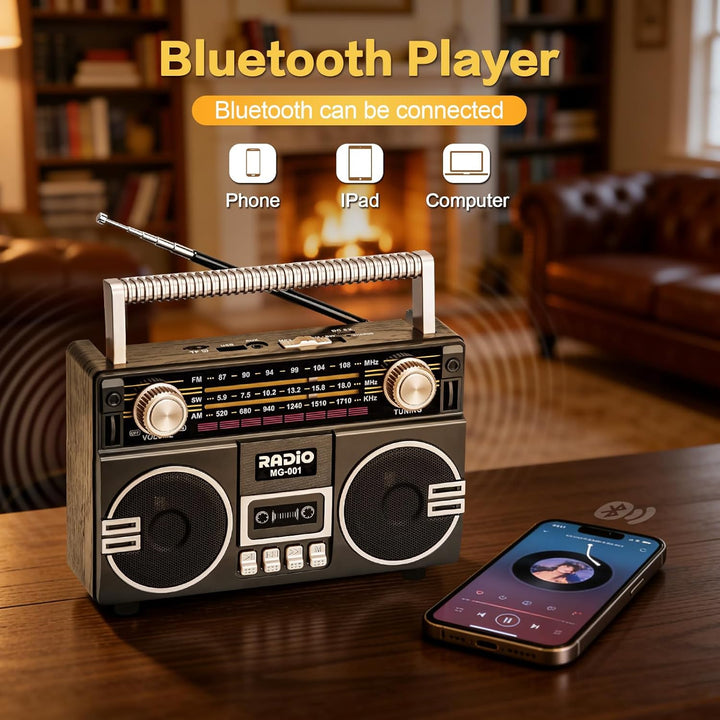 Tendak Retro Radio AM/FM/SW, Nostalgie Radio mit 1200mAh Akku, Kofferradio mit 6.0 Bluetooth, Küchen
