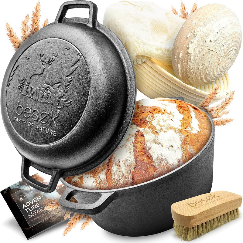 besok Gusseisen Topf Brot Backen [inkl. Gärkorb] - 26cm Brotbackform mit Deckel - Induktion - Brotto