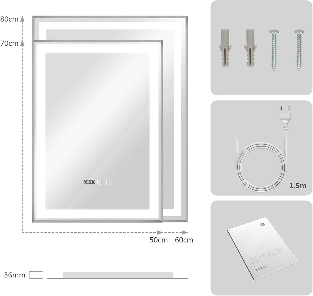 YOURLITE Spiegel mit Beleuchtung, 70x50cm, Badspiegel mit Beleuchtung Touch-Schalter, LED Spiegel mi