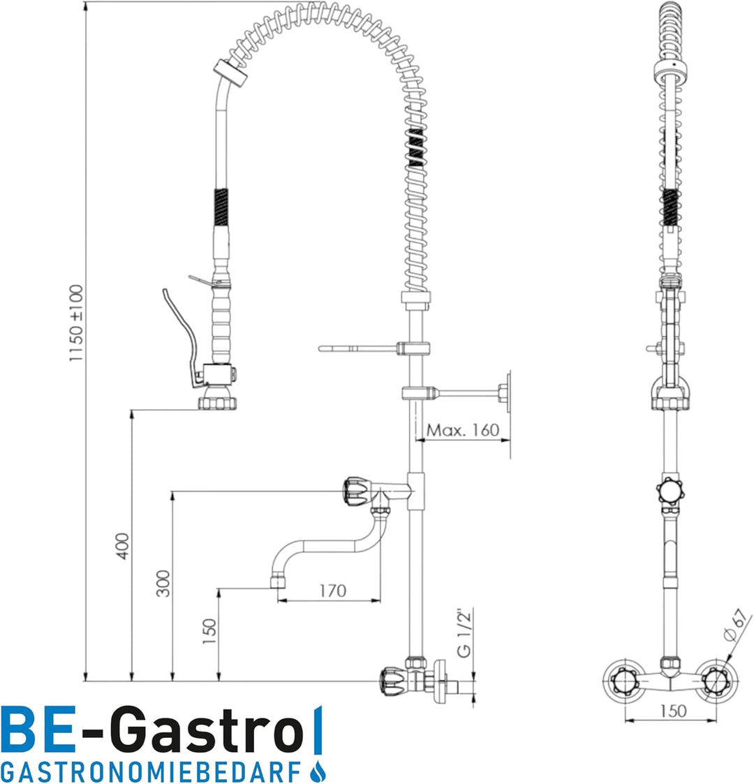 BE-GASTRO I Profi Gastro Geschirrbrause Zweiloch "Premium" Wandarmatur inkl. Wasserhahn, Mischbatter