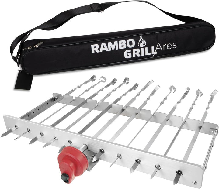 BEM Rambo Mangal Schaschlikgrill, Grillset mit Zubehör inkl. Powerbank + Motor, Elektrisch, Edelstah