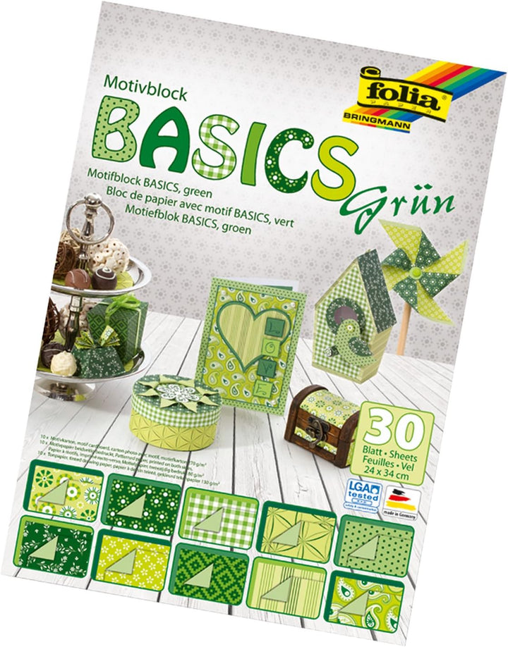 folia 46549 - Motivblock Basics grün sortiert, 24 x 34 cm, 30 Blatt, 10 x Motivkarton, 10 x Motivpap