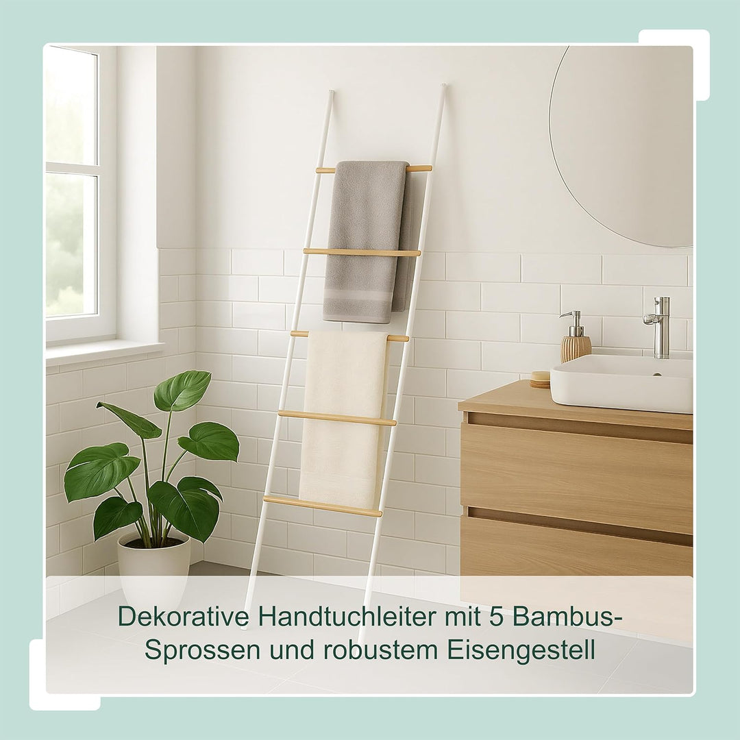 Relaxdays Handtuchleiter, Bambus & Eisen, HBT: 164 x 45 x 2 cm, Dekoleiter 5 Sprossen, Handtücher &