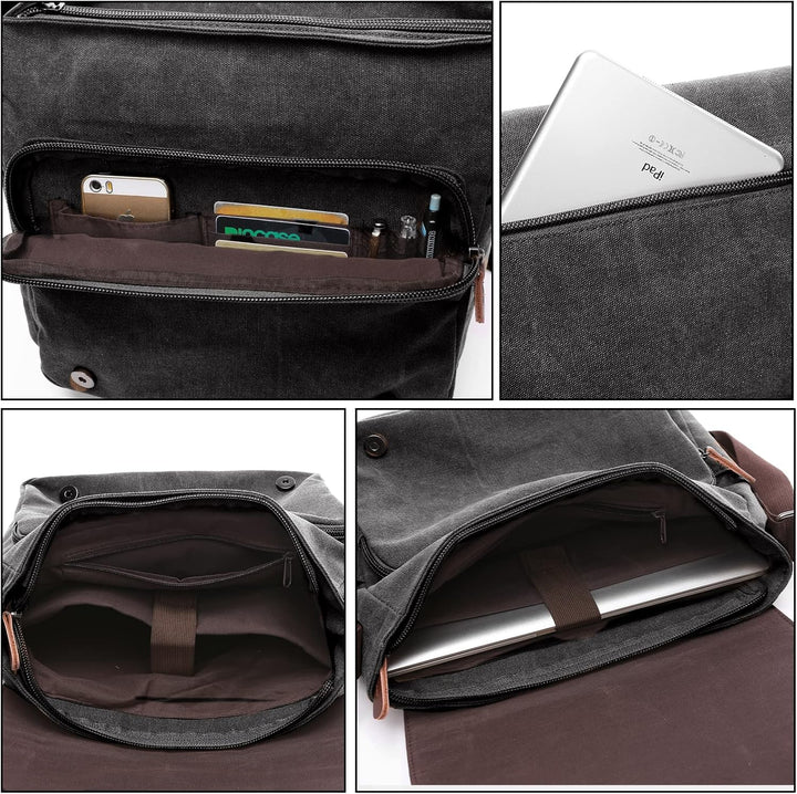 CALIYO Umhängetaschen Herren aus Canvas Schultasche Queformat A4 Laptoptasche für 15,6 Zoll Laptop A