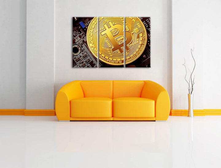 Bitcoin BTC auf Platineals Leinwandbild 3 teilig | Grösse: 120x80 cm | Wandbild | Kunstdruck | ferti
