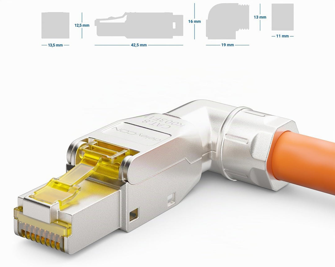 deleyCON 4x CAT 8 Netzwerkstecker 90° Winkel Stecker RJ45 Werkzeuglos Geschirmt 40 Gbit/s Netzwerk S