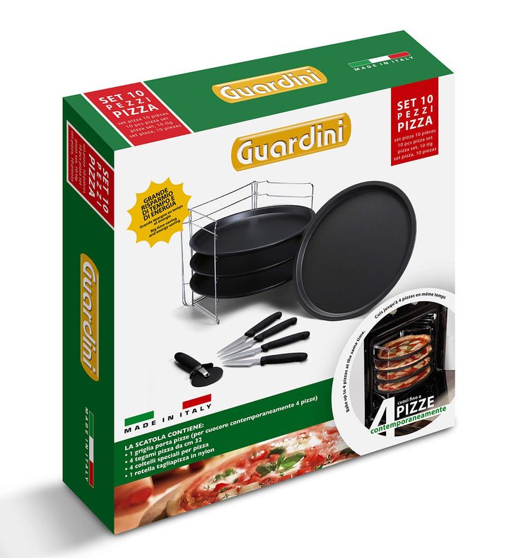 Guardini Geschenkbox Pizza-Set 10-teilig: 1 Blechhalter+4 Pizzableche Ø 32 cm+4 Pizzamesser+1 Pizzas
