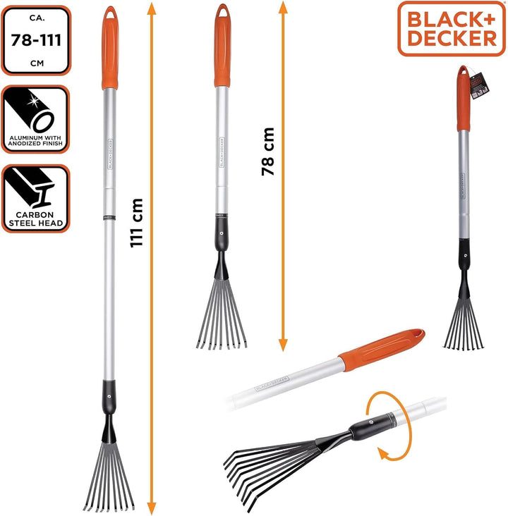 Black+Decker Rechen - Teleskopisch 78-111 cm - Aluminiumstiel und Karbonstahlkopf - Rostfrei