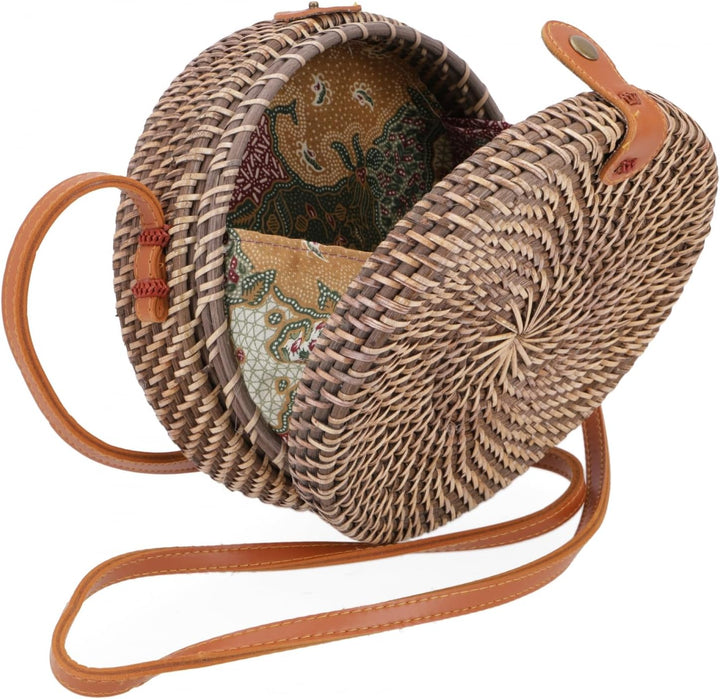 GURU SHOP Geflochtene Handtasche, Korbtasche, Rattantasche, Balitasche Rund - Modell 1, 20x20x7 cm,