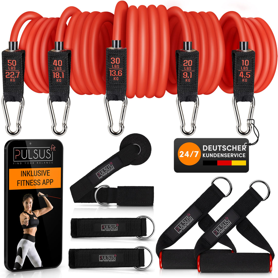 PULSUS fit Fitnessband Resistance Bands Set mit Übungsvideo App - Pro Expander Bänderset: 5 Widersta
