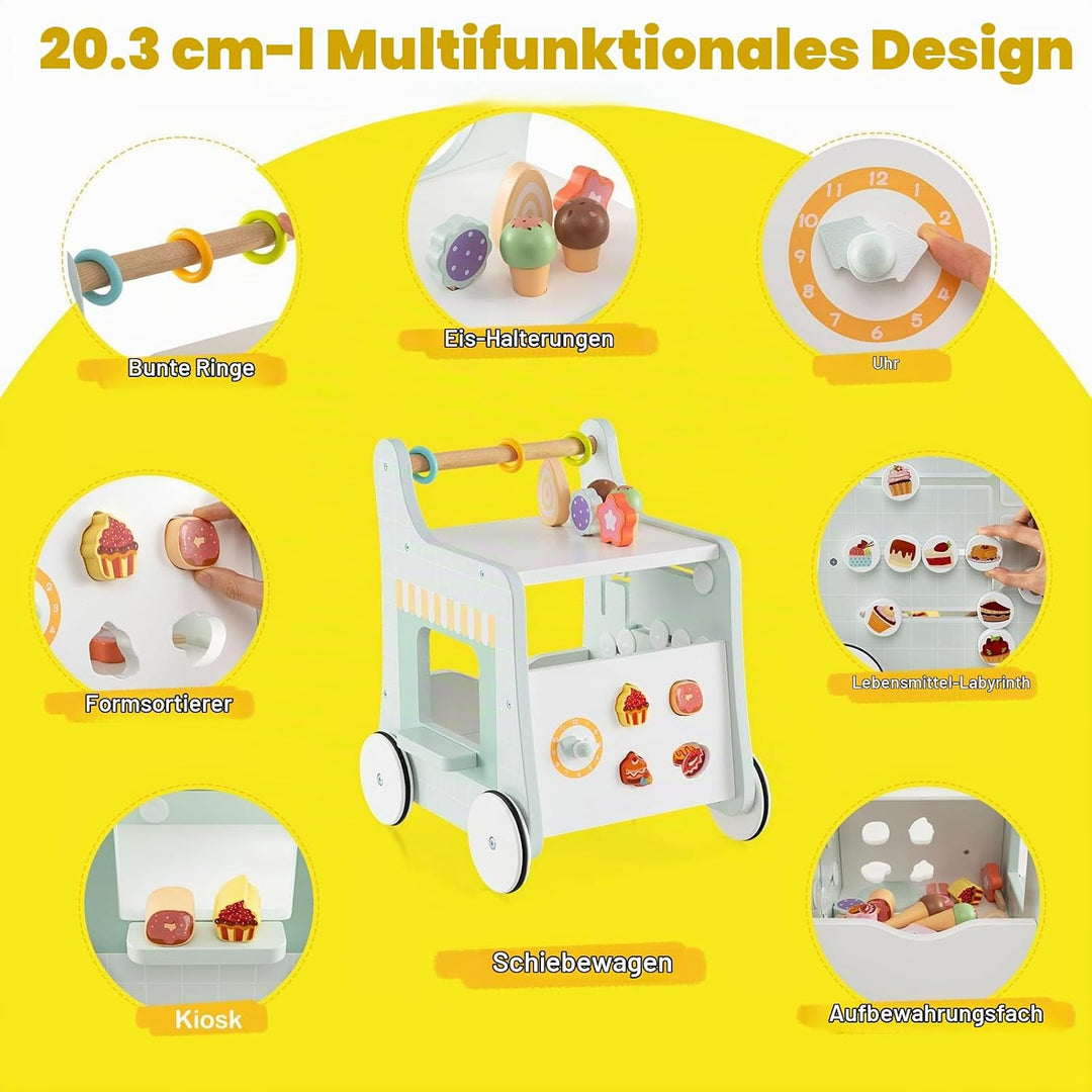 LIFEZEAL Lauflernhilfe Holz, Baby Lauflernwagen mit süssem Zubehör, Montessori Lauflernspielzeug mit