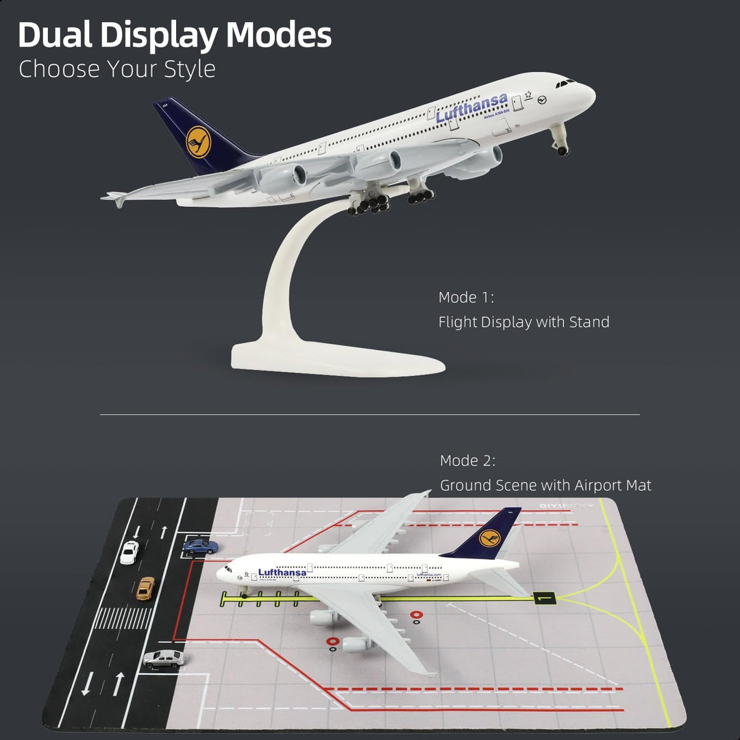 1/300 A380 Flugzeugmodell für Lufthansa mit Gummiflughafenmatte und 5 Autos für Diecast Metall Flugz