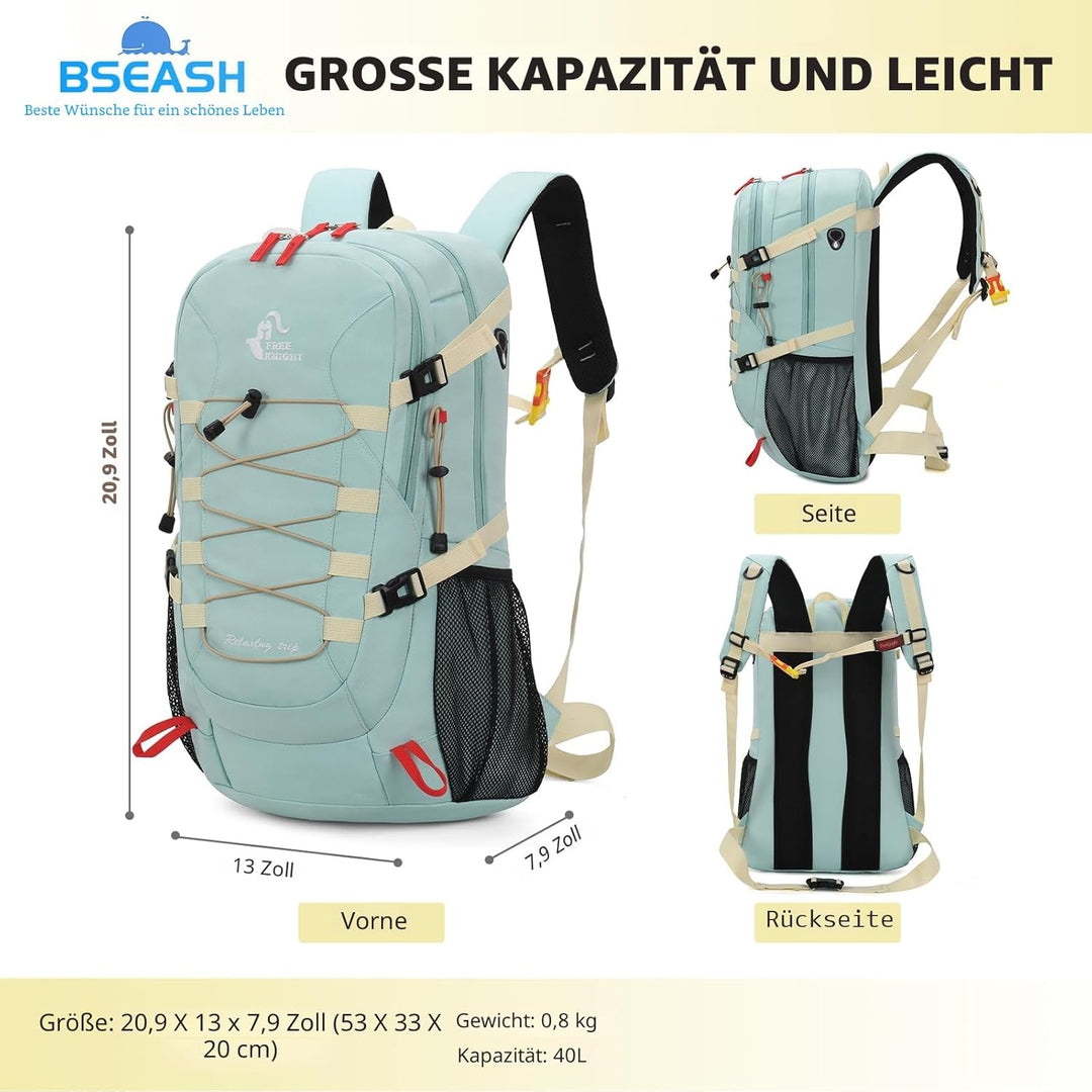 Bseash 40L Leichter wasserdichter Wanderrucksack mit Regenschutz, Outdoor Sport Reise Tagesrucksack